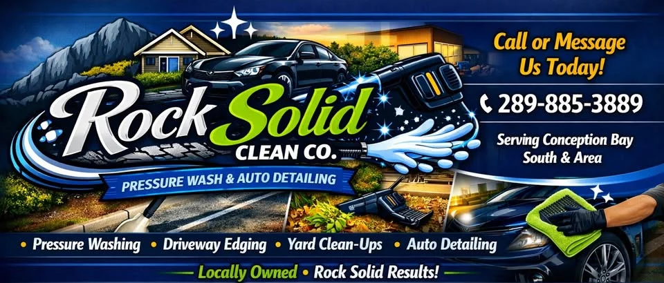 Rock Solid Clean Co. Facebook banner: Pressure Wash and Auto Detailing, call or message 289-885-3889, serving Conception Bay South and area